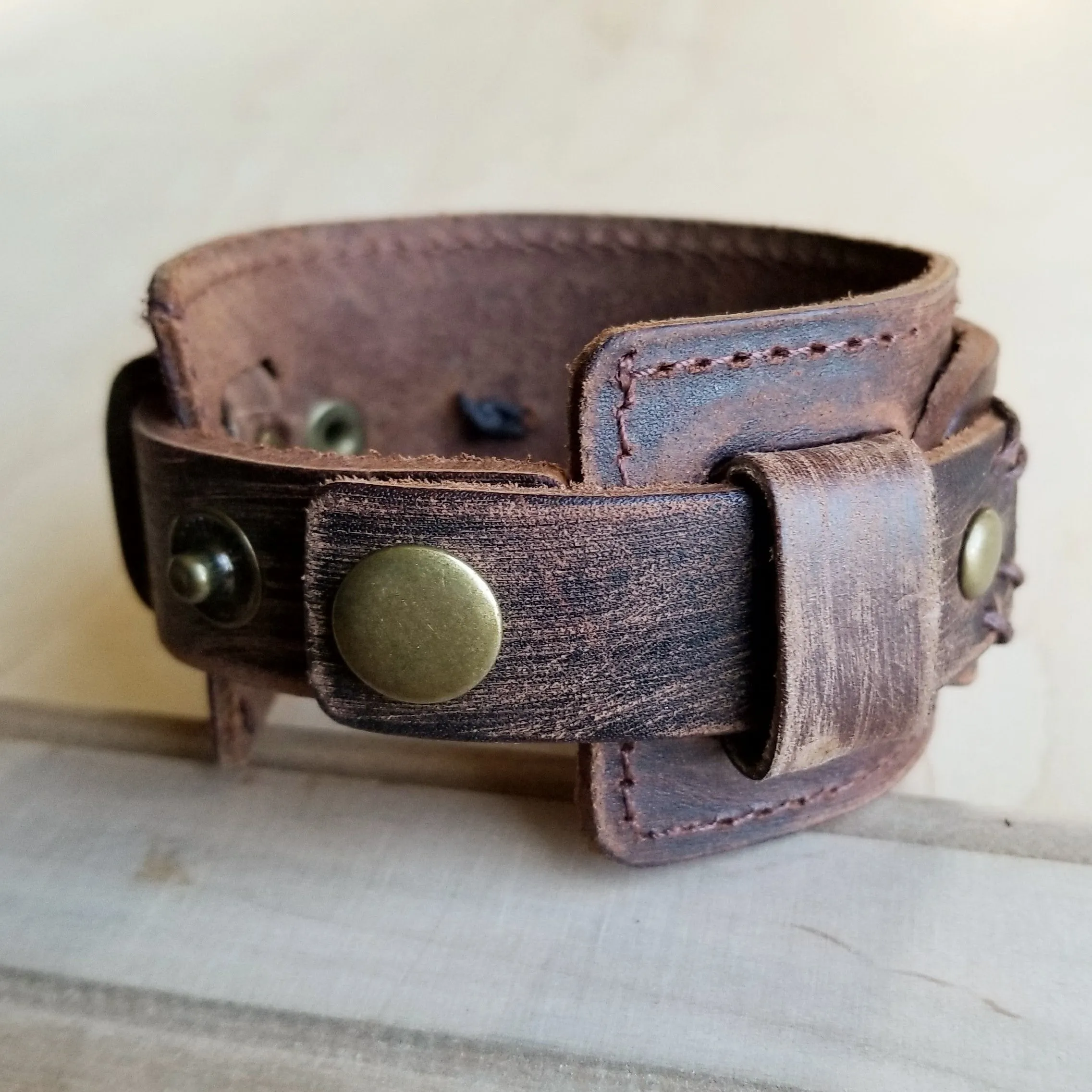 Dusty Leather Wide Cuff with African Turquoise Chunks 006p