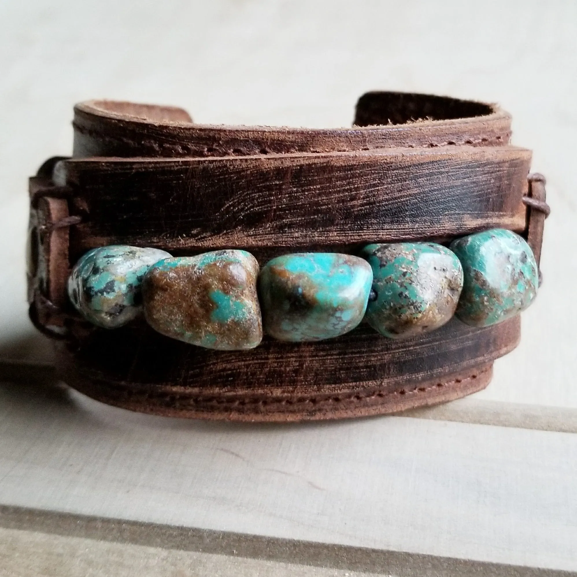 Dusty Leather Wide Cuff with African Turquoise Chunks 006p