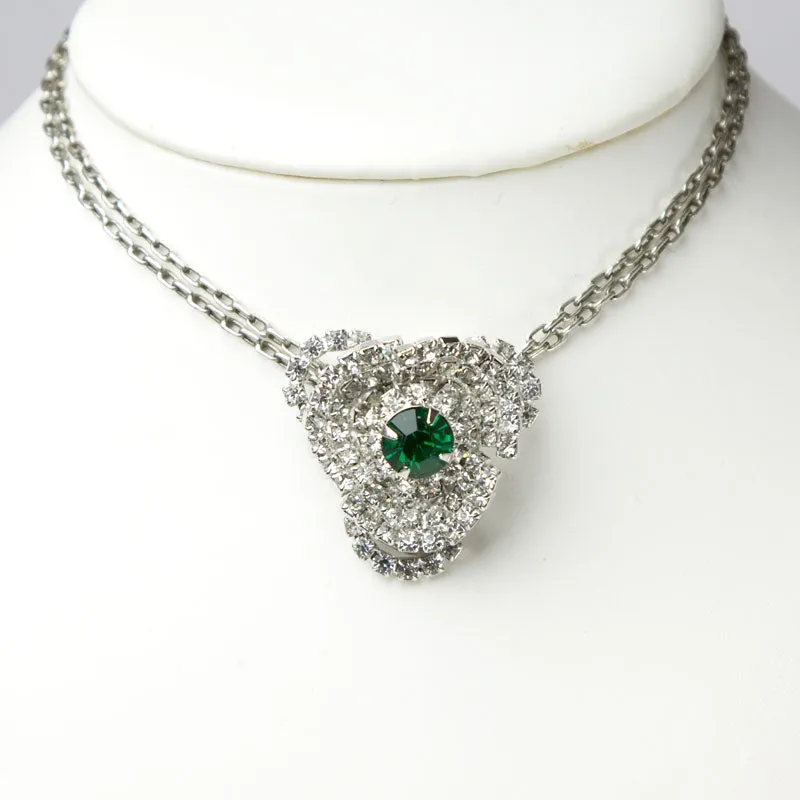 Emerald & Diamanté Double Clip Brooch by Hattie Carnegie