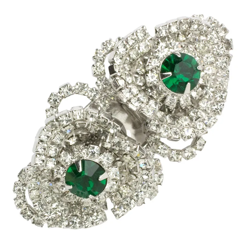 Emerald & Diamanté Double Clip Brooch by Hattie Carnegie