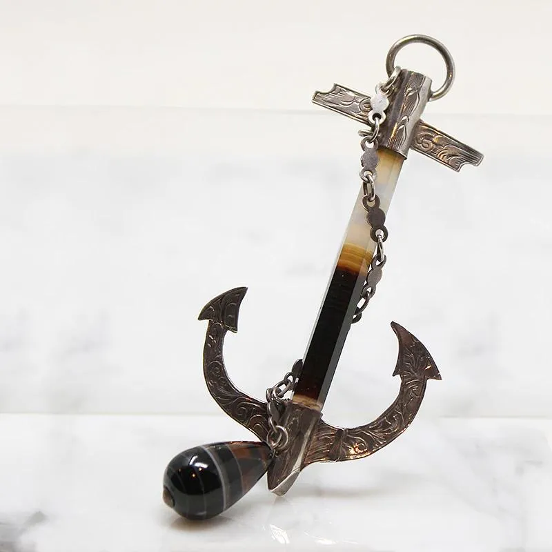 Engraved Silver & Banded Agate Sailor's Cross Brooch