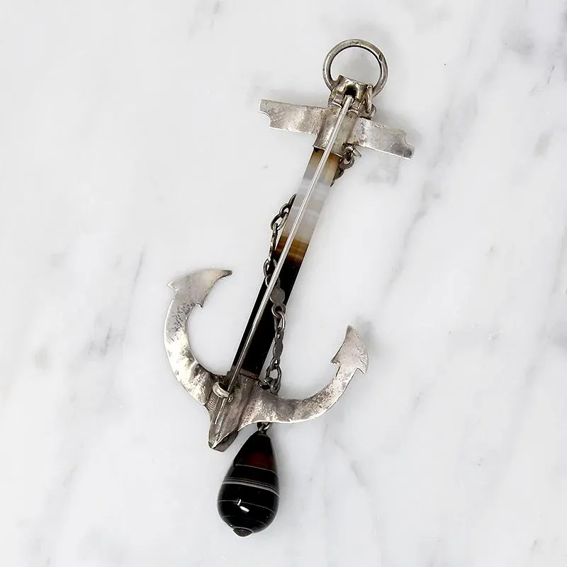 Engraved Silver & Banded Agate Sailor's Cross Brooch