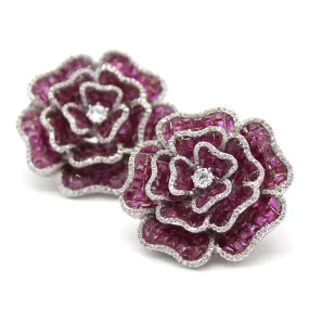Flower Statement Earrings Invisible Paving/Mystery Set Red Ruby Simulant