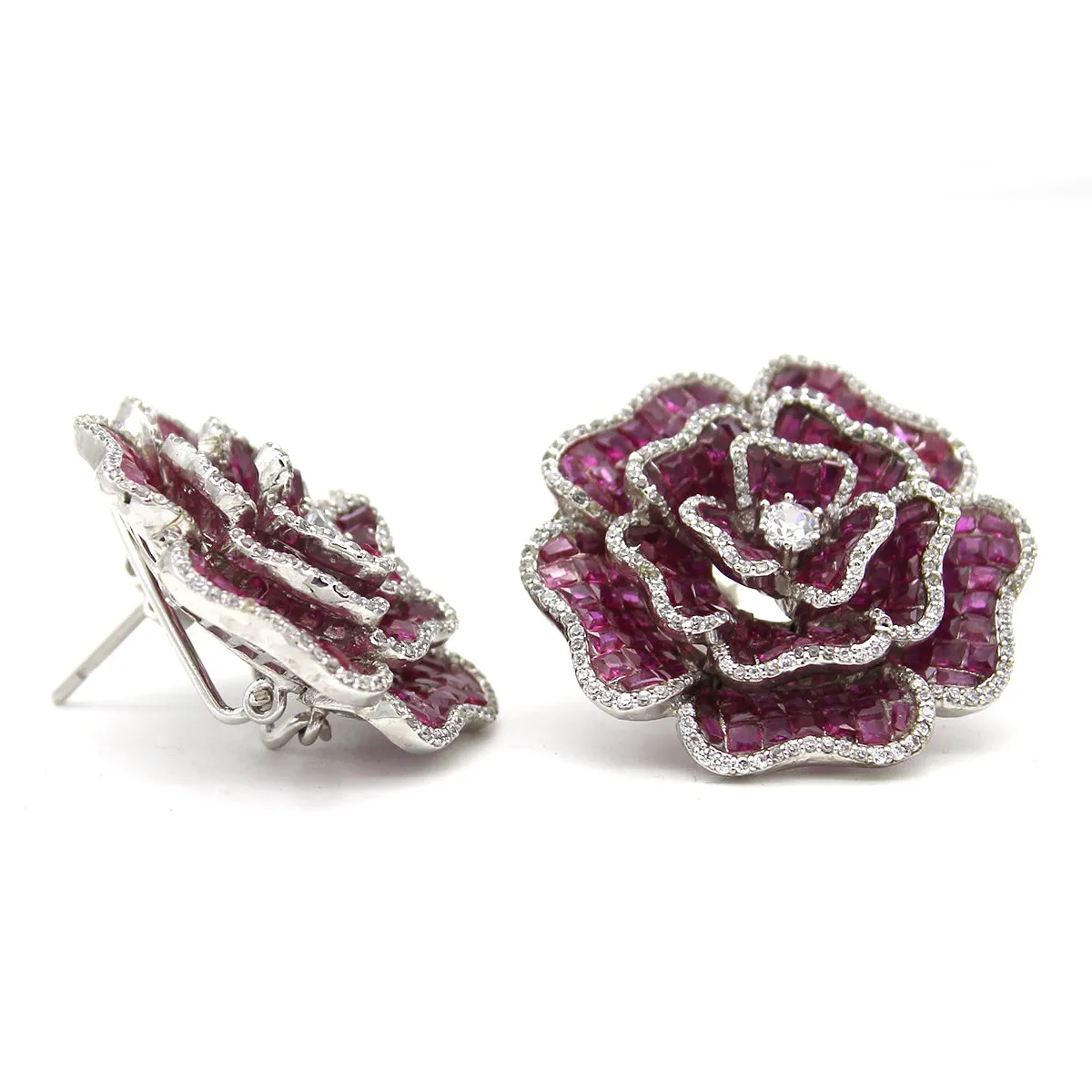Flower Statement Earrings Invisible Paving/Mystery Set Red Ruby Simulant