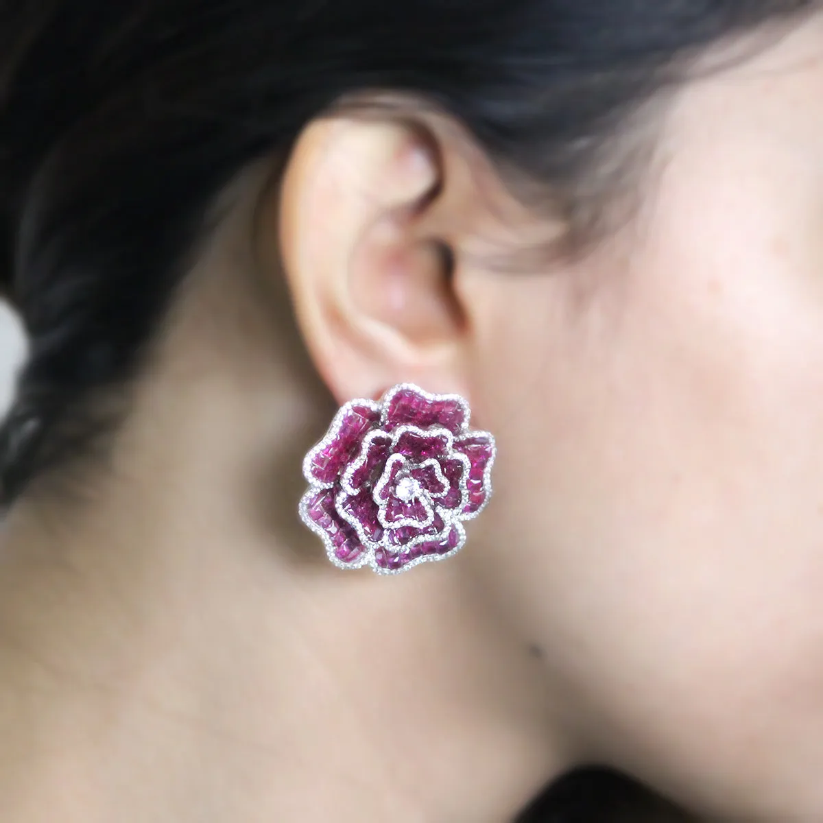 Flower Statement Earrings Invisible Paving/Mystery Set Red Ruby Simulant