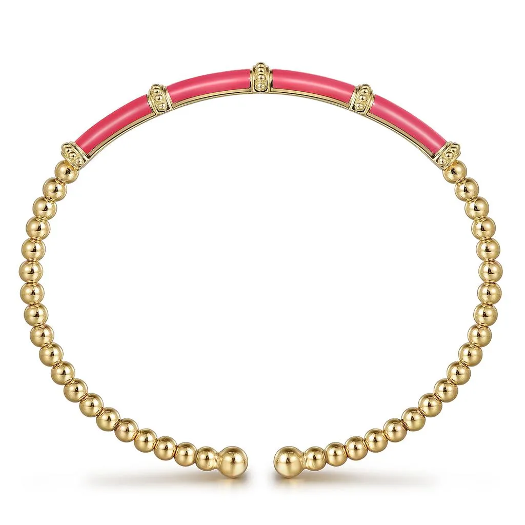Gabriel & Co. 14K Yellow Gold Bujukan Beads Split Bangle with Pink Enamel