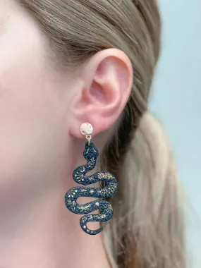 Gold & Leather Snake Drop Dangle Earrings - Black