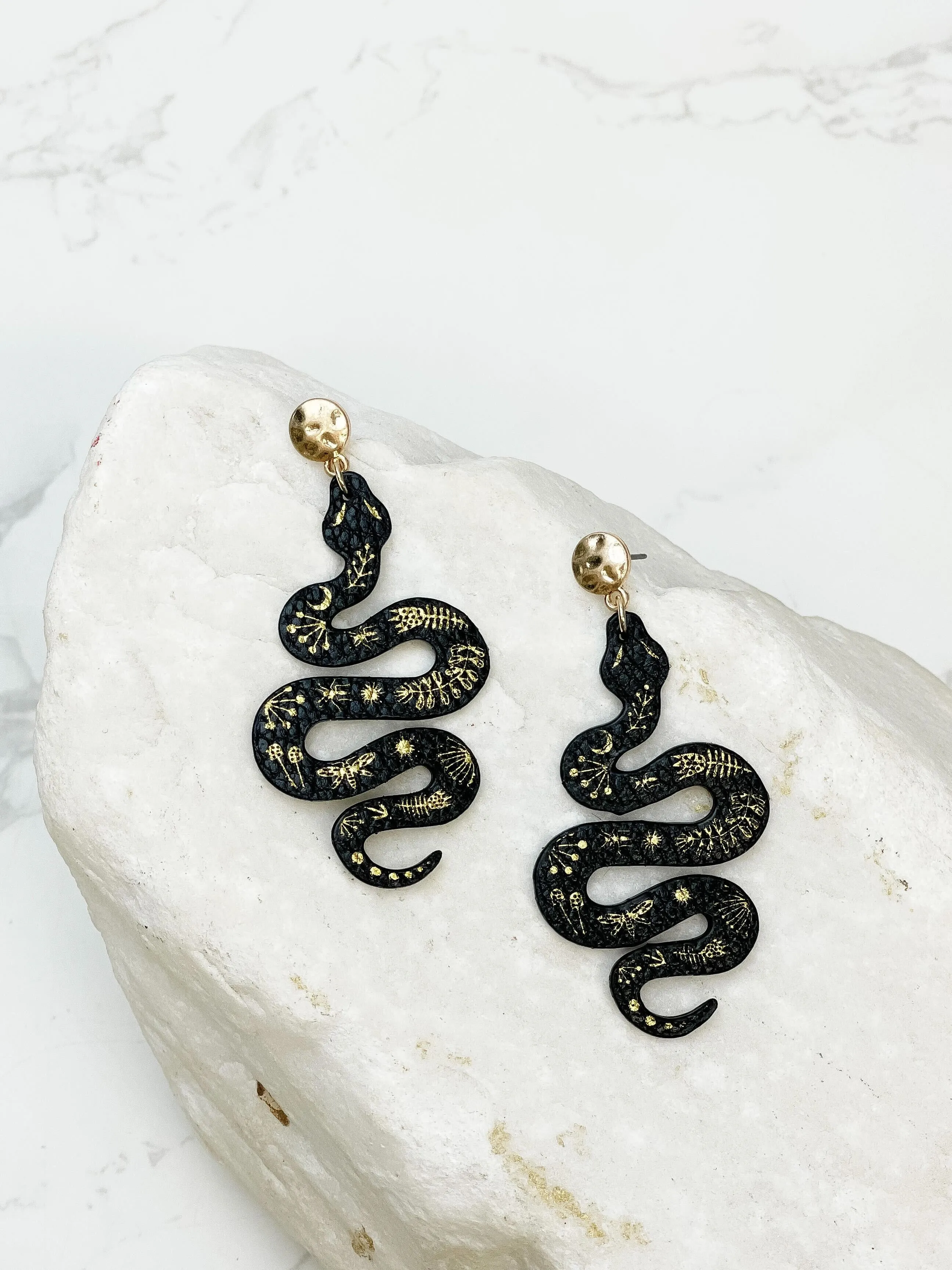Gold & Leather Snake Drop Dangle Earrings - Black