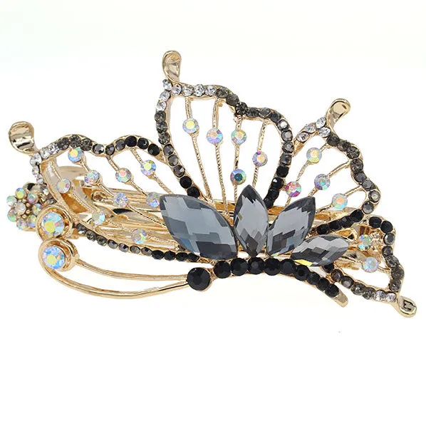 Gold Finish Rhinestone Butterfly Hair Barrette