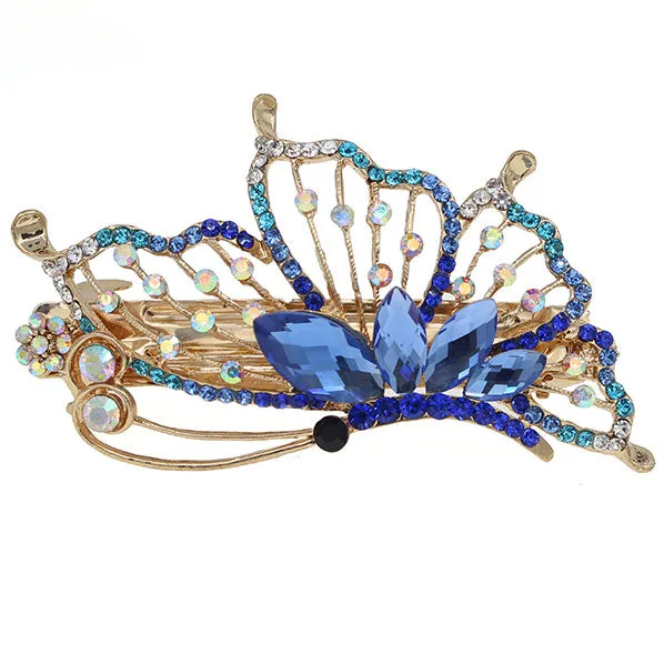 Gold Finish Rhinestone Butterfly Hair Barrette