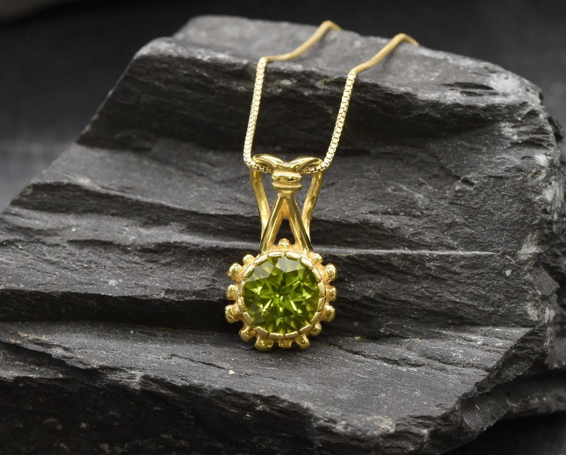 Gold Peridot Pendant - Natural Peridot Necklace, Gold Round Pendant