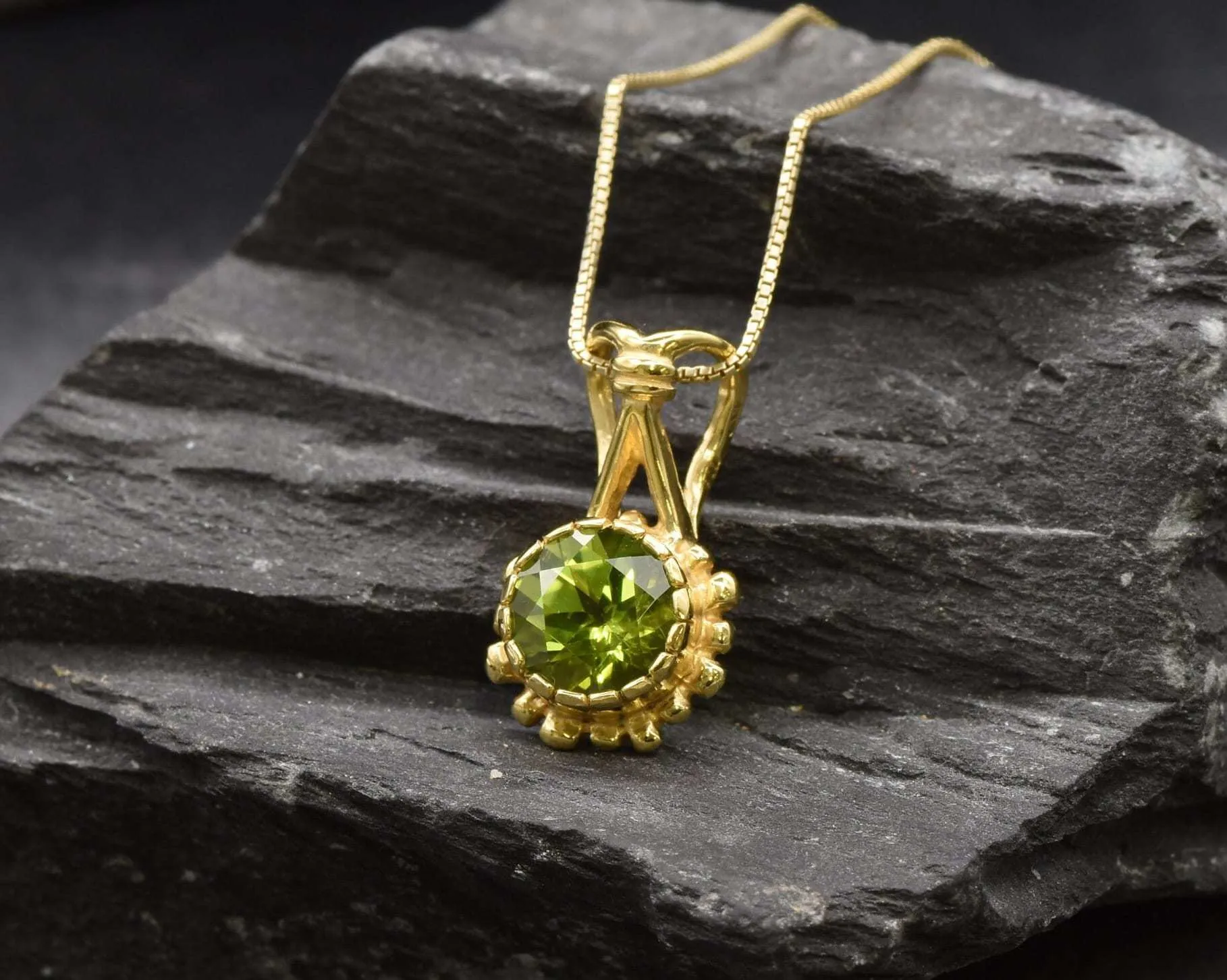 Gold Peridot Pendant - Natural Peridot Necklace, Gold Round Pendant