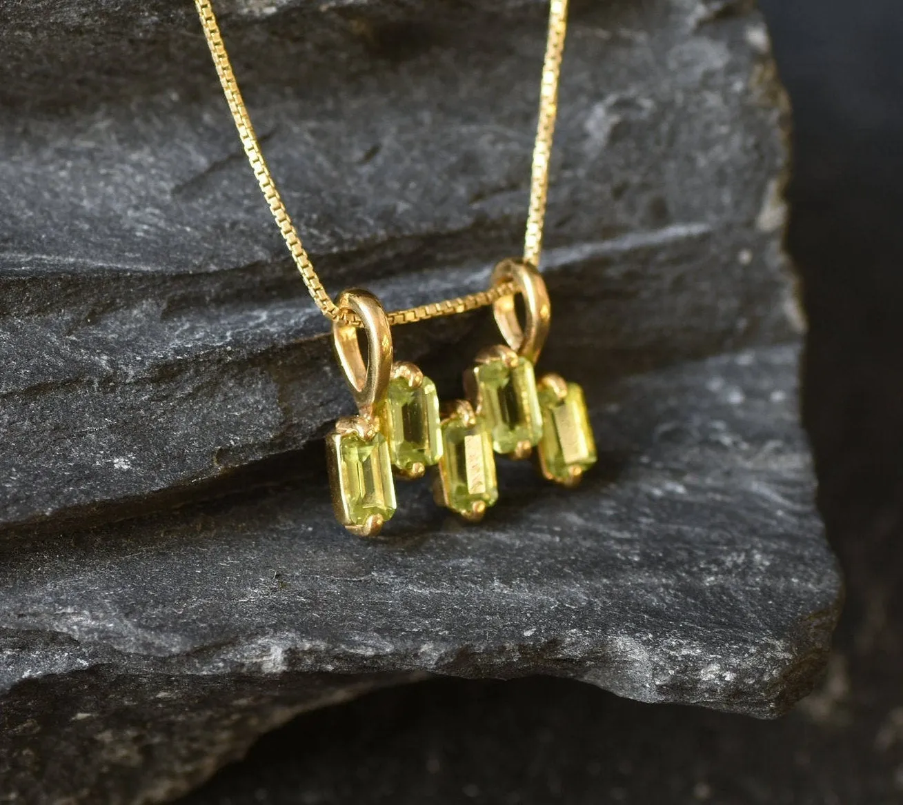 Gold Peridot Pendant - Natural Peridot Necklace, Green Baguette Pendant