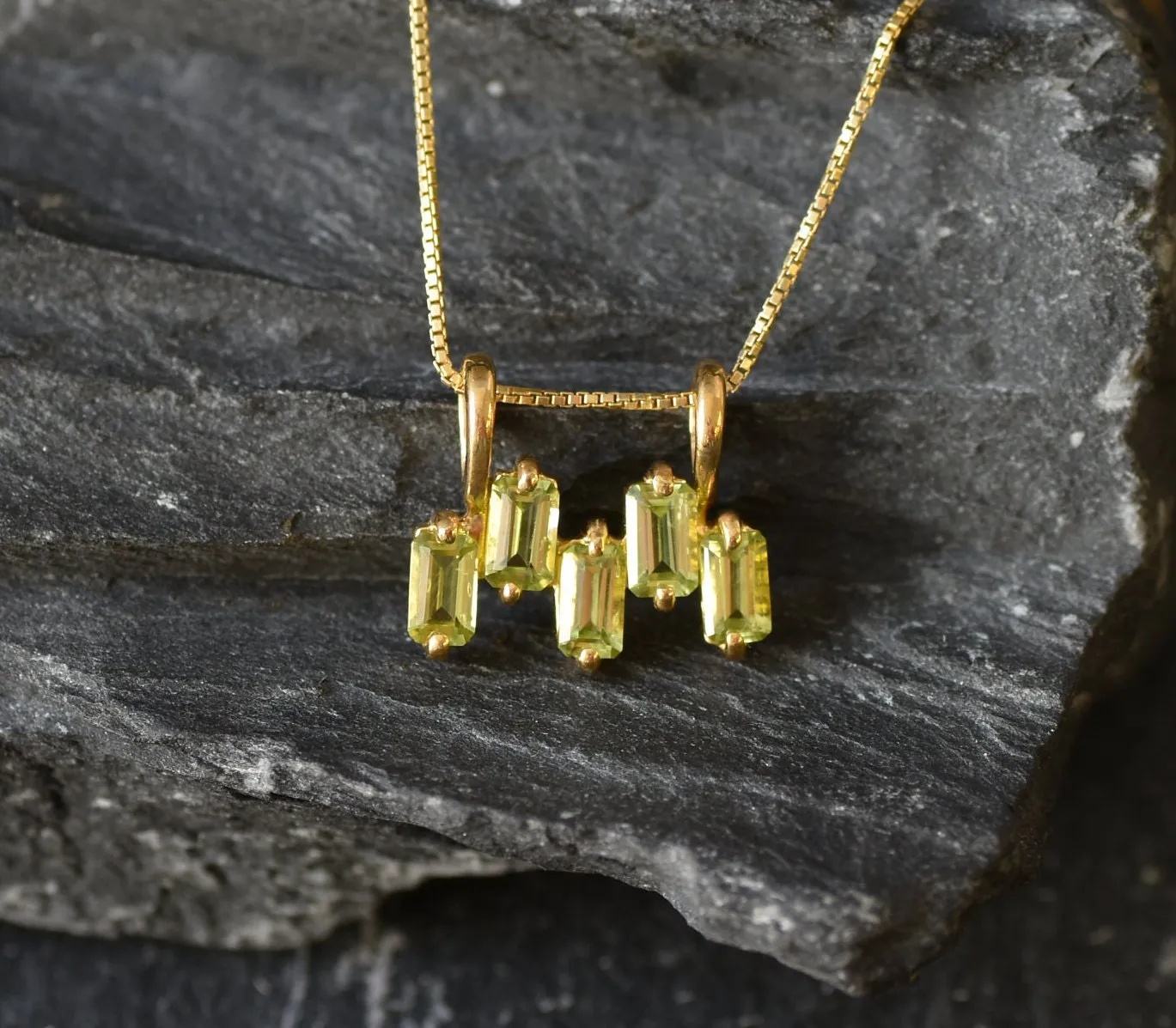 Gold Peridot Pendant - Natural Peridot Necklace, Green Baguette Pendant