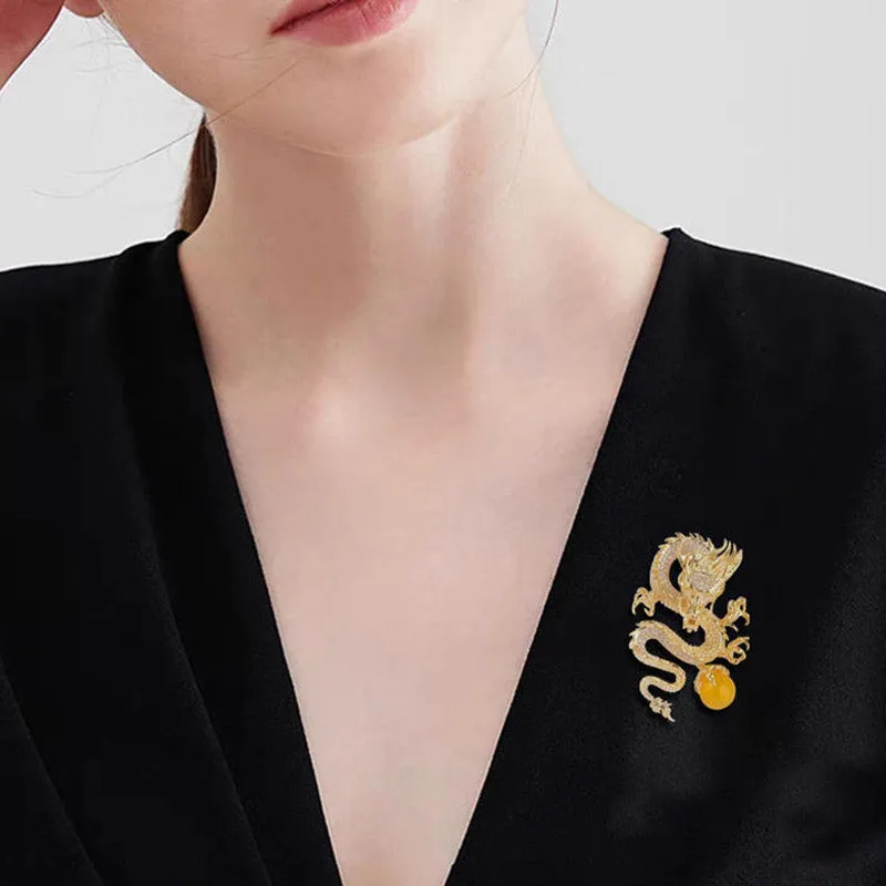 Golden Dragon Playing with Pearl - The Chinese Dragon Loong Brooch with CZ Zodiac Jewelry Gift