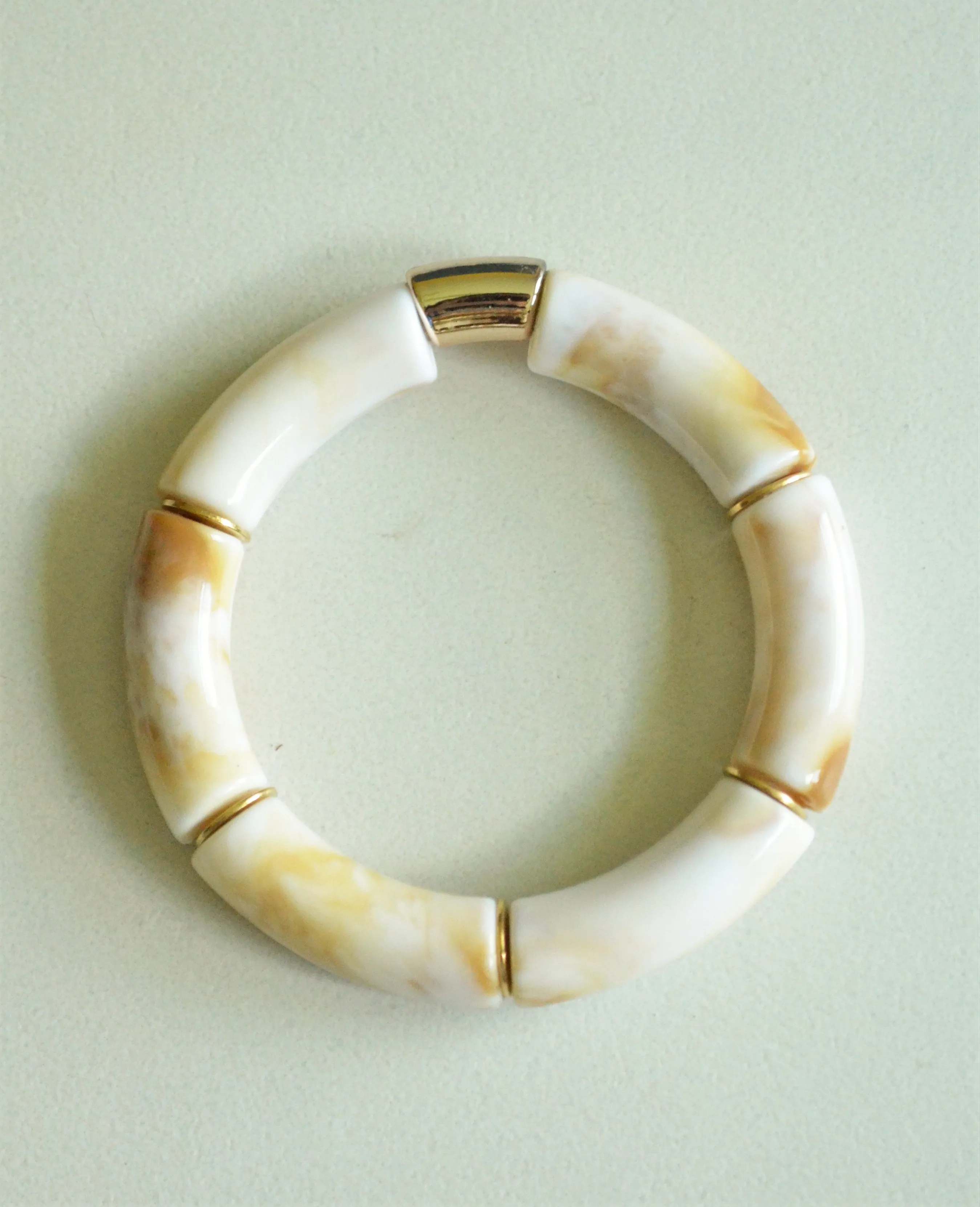 Green Brown Ivory Acrylic Bead Lucite Tube Stretch Womens Bracelet