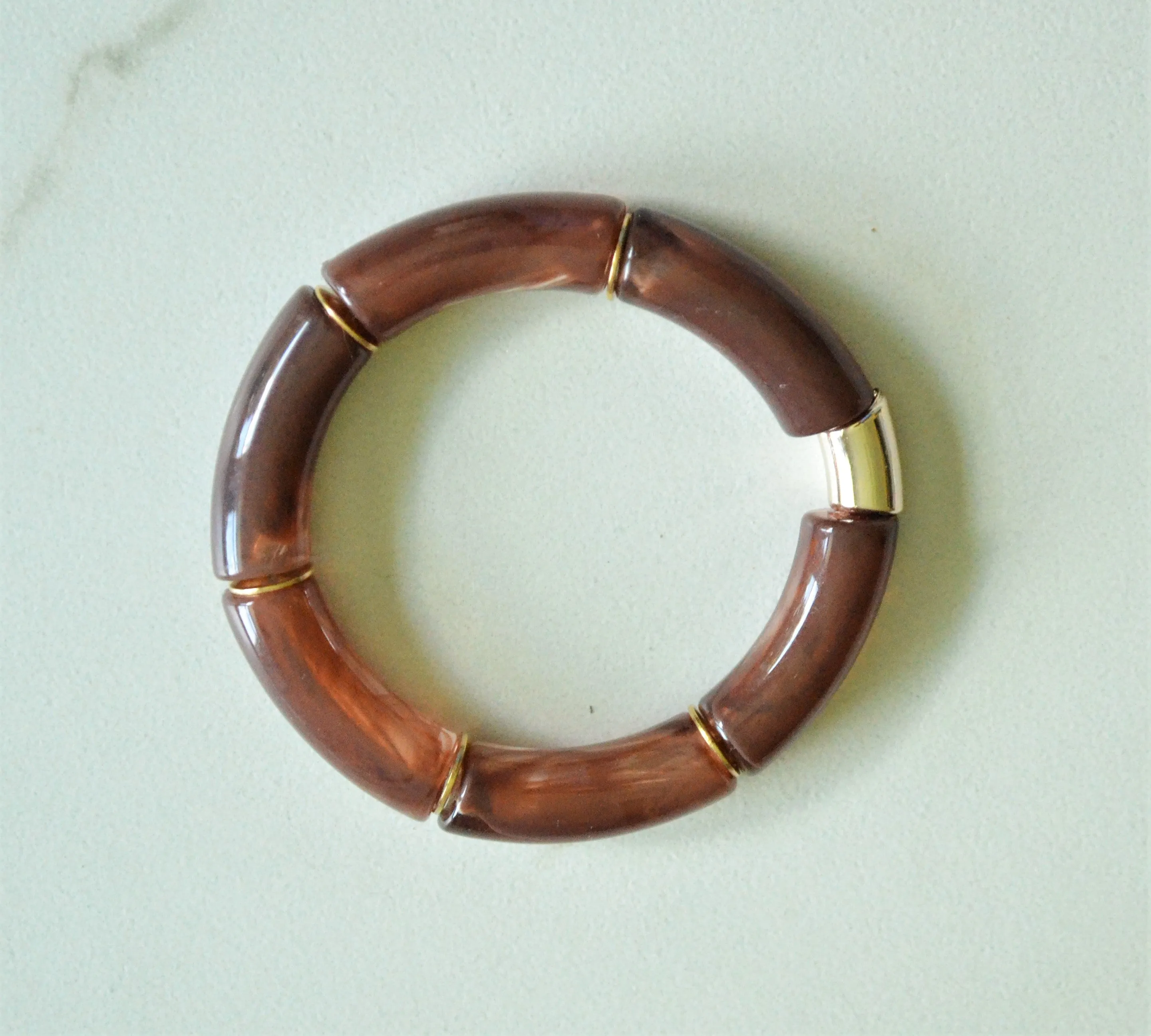Green Brown Ivory Acrylic Bead Lucite Tube Stretch Womens Bracelet
