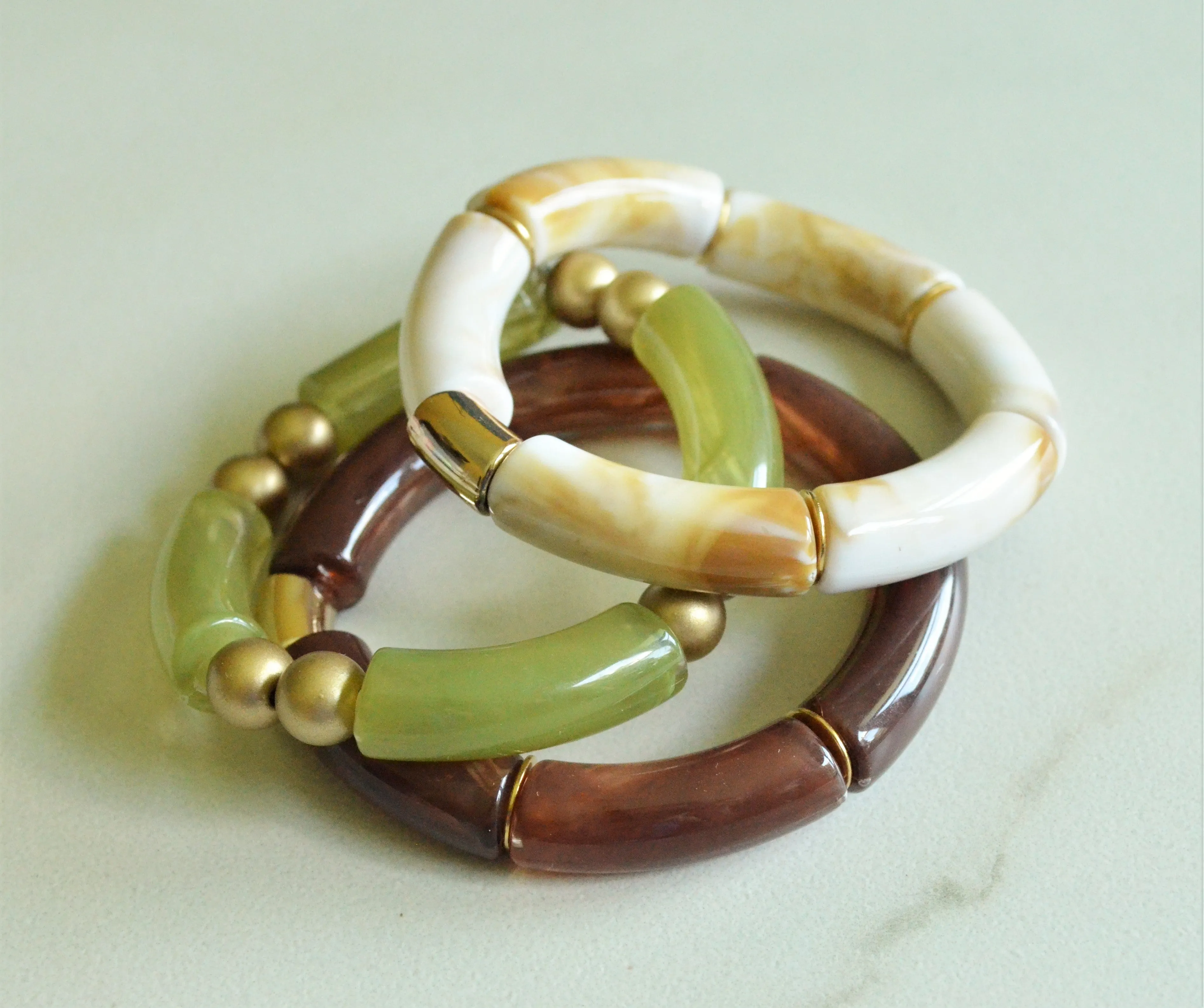 Green Brown Ivory Acrylic Bead Lucite Tube Stretch Womens Bracelet