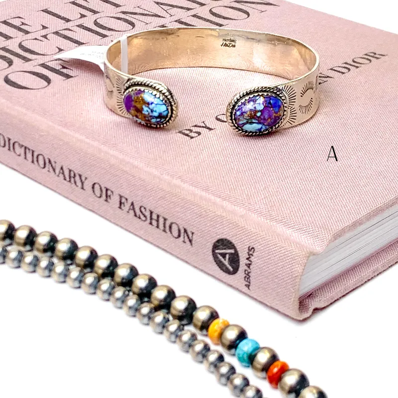 Hada Collection | Handmade Etched Sterling Silver Cuff Bracelet with Purple Mojave Remix Stones