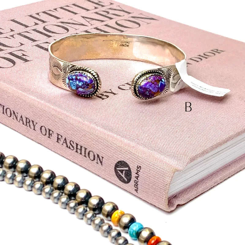 Hada Collection | Handmade Etched Sterling Silver Cuff Bracelet with Purple Mojave Remix Stones
