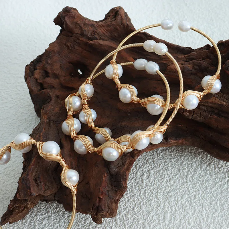 Handcrafted Brass Wrapped Freshwater Pearl Bangle Bracelet