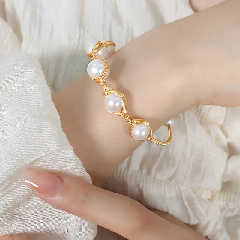 Handcrafted Brass Wrapped Freshwater Pearl Bangle Bracelet