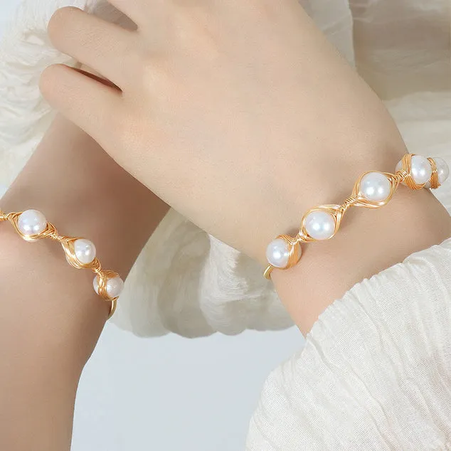 Handcrafted Brass Wrapped Freshwater Pearl Bangle Bracelet
