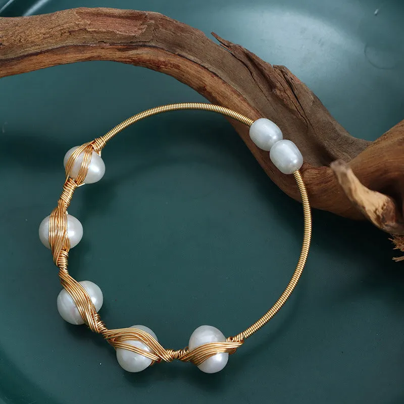 Handcrafted Brass Wrapped Freshwater Pearl Bangle Bracelet
