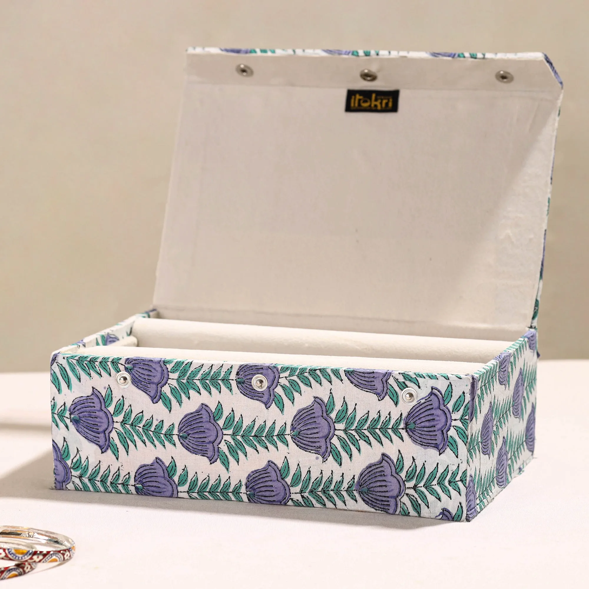 Handcrafted Sanganeri Fabric Embellished Two Rods Bangle Box (11 x 7 in)