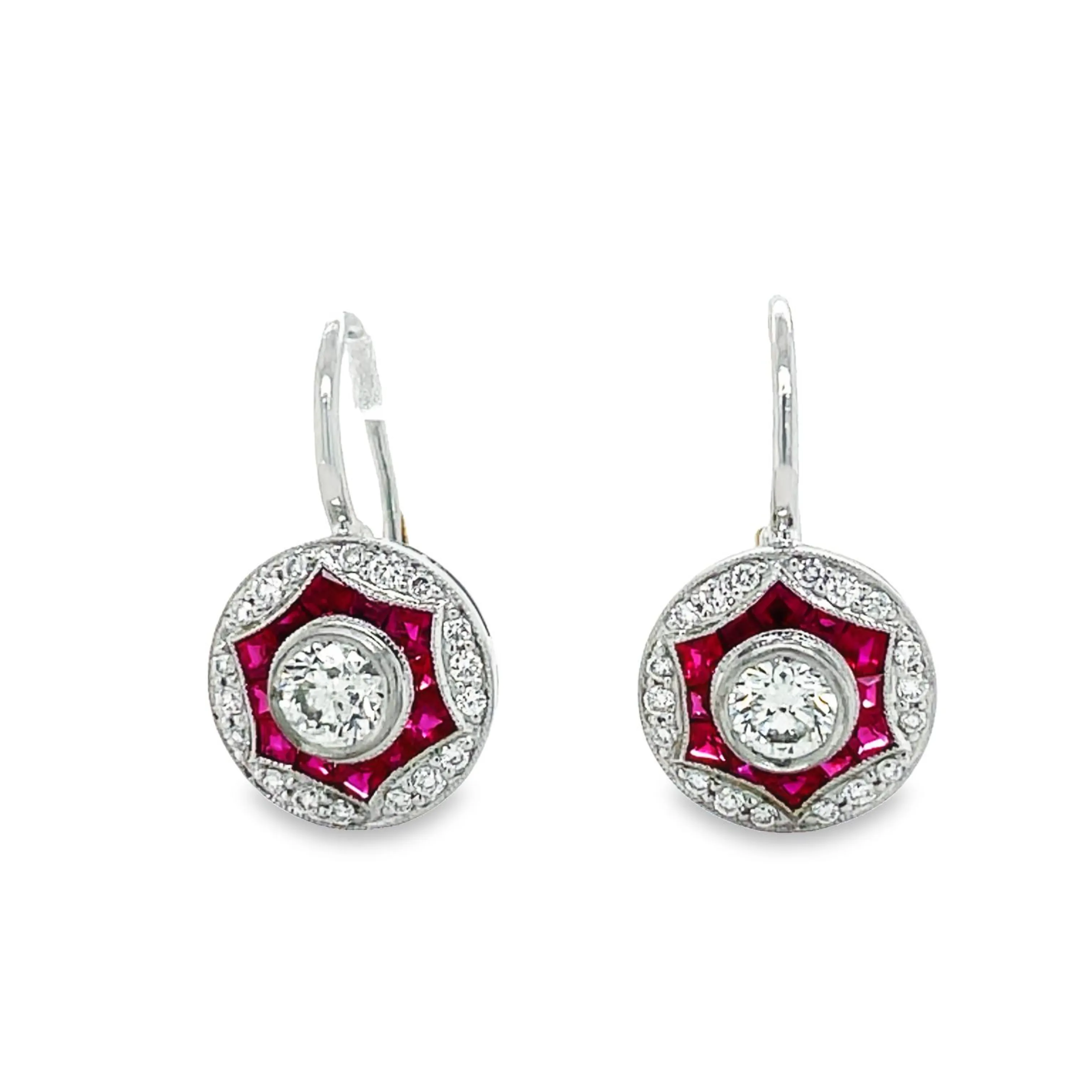Handmade Art Deco Ruby & Diamond Dangling Earrings