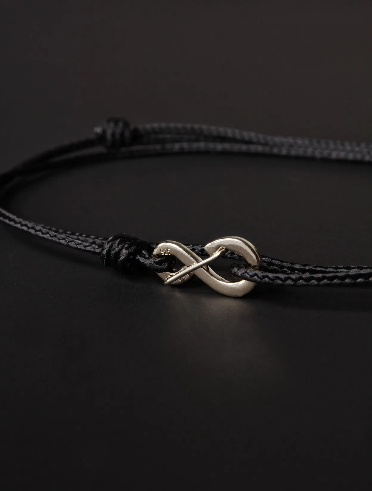 Infinity Bracelet - Black cord men's bracelet with silver clasp
