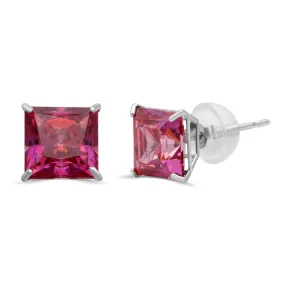 Jewelili 10K White Gold Ruby Cubic Zirconia Square Shape Stud Earrings