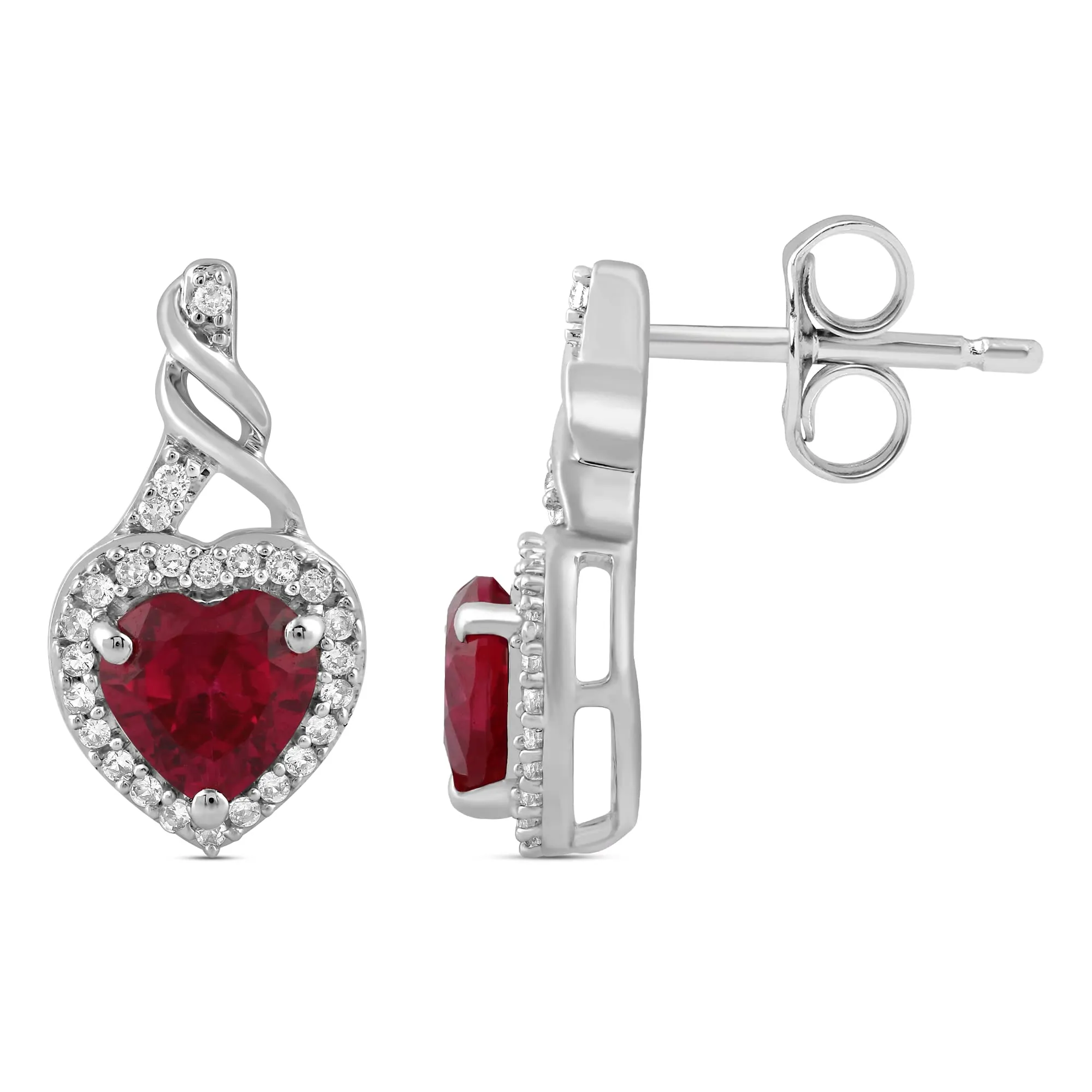 Jewelili Sterling Silver with Created Ruby and Created White Sapphire Twisted Dangle Earrings