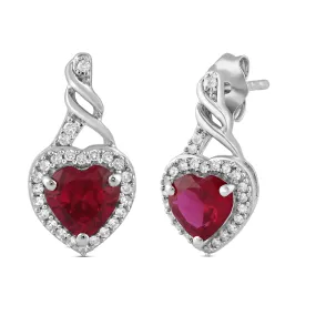 Jewelili Sterling Silver with Created Ruby and Created White Sapphire Twisted Dangle Earrings