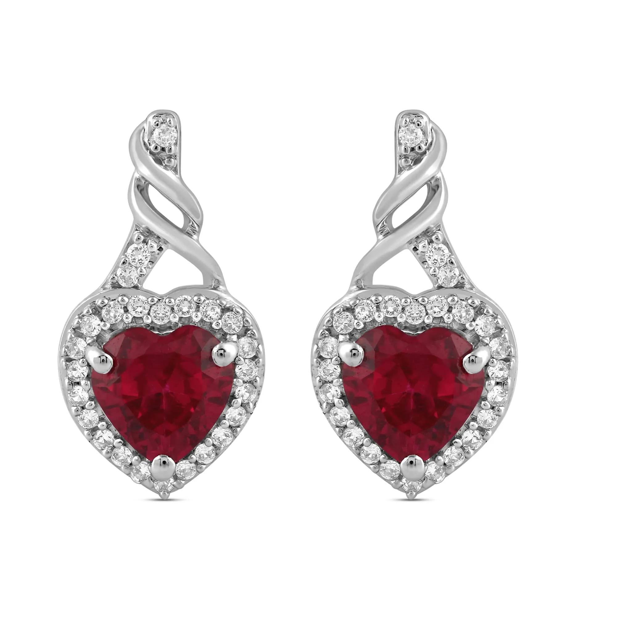Jewelili Sterling Silver with Created Ruby and Created White Sapphire Twisted Dangle Earrings