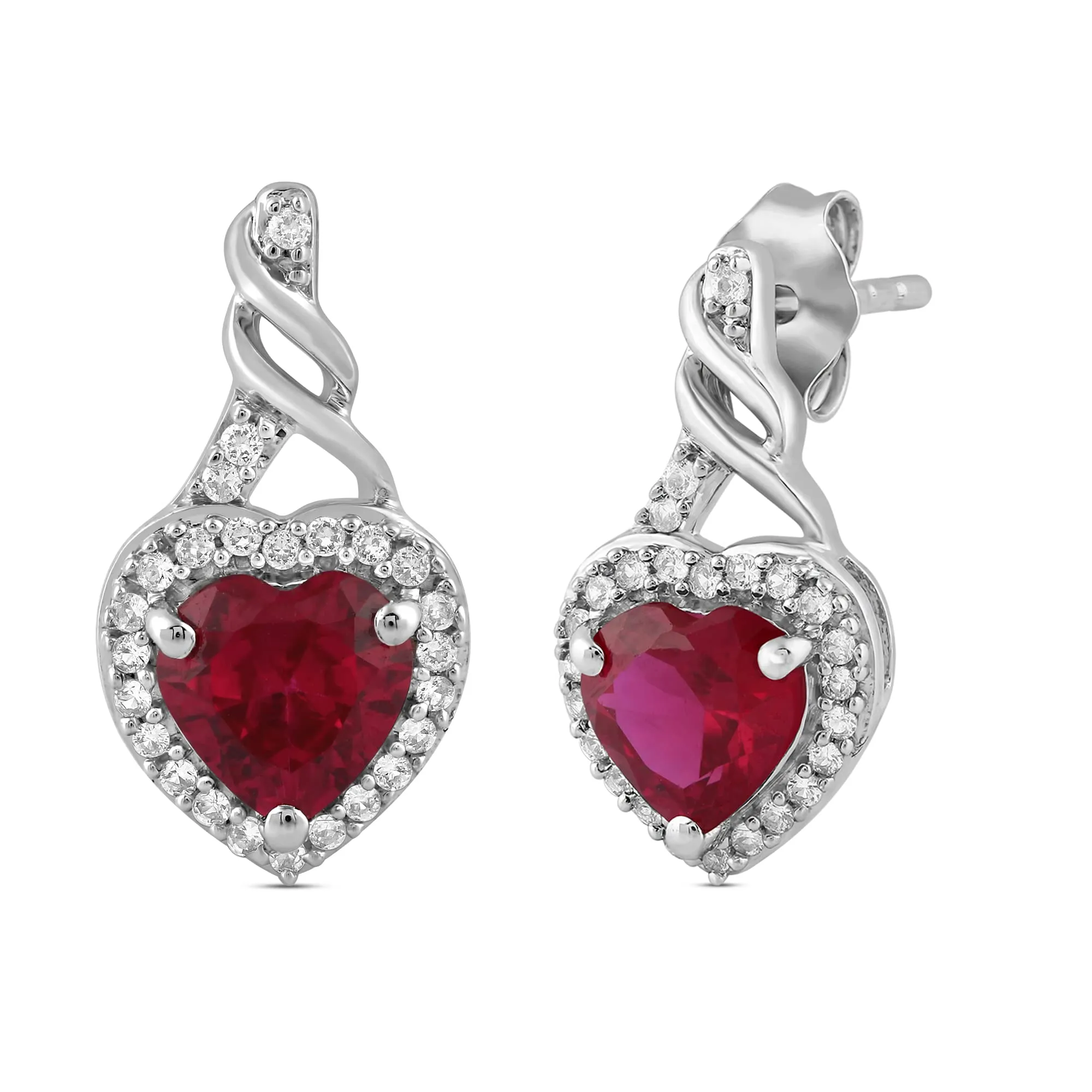 Jewelili Sterling Silver with Created Ruby and Created White Sapphire Twisted Dangle Earrings