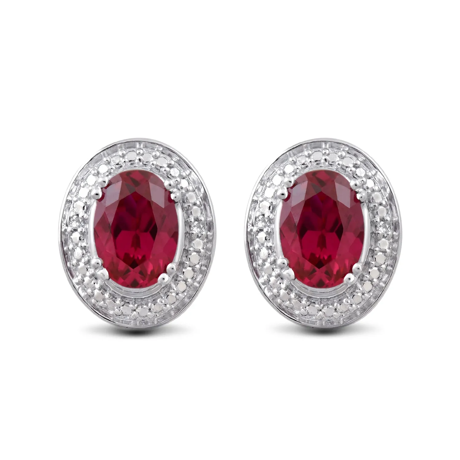 Jewelili Sterling Silver with Oval Shape Created Ruby and Natural White Round Diamonds Stud Earrings