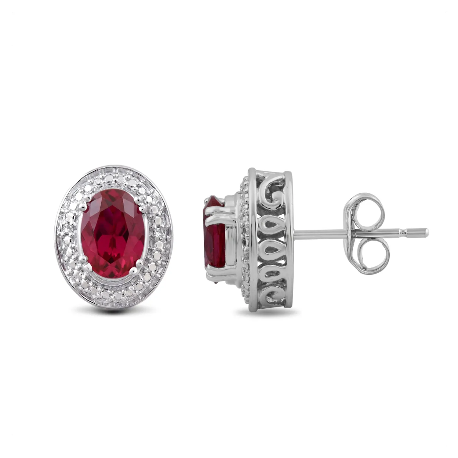 Jewelili Sterling Silver with Oval Shape Created Ruby and Natural White Round Diamonds Stud Earrings