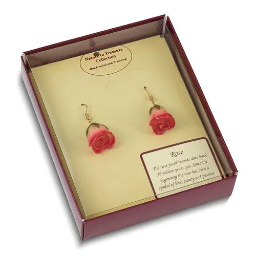 Lacquer Dipped White & Pink Rose Dangle Earrings