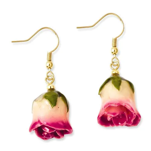 Lacquer Dipped White & Pink Rose Dangle Earrings