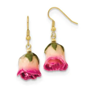 Lacquer Dipped White & Pink Rose Dangle Earrings
