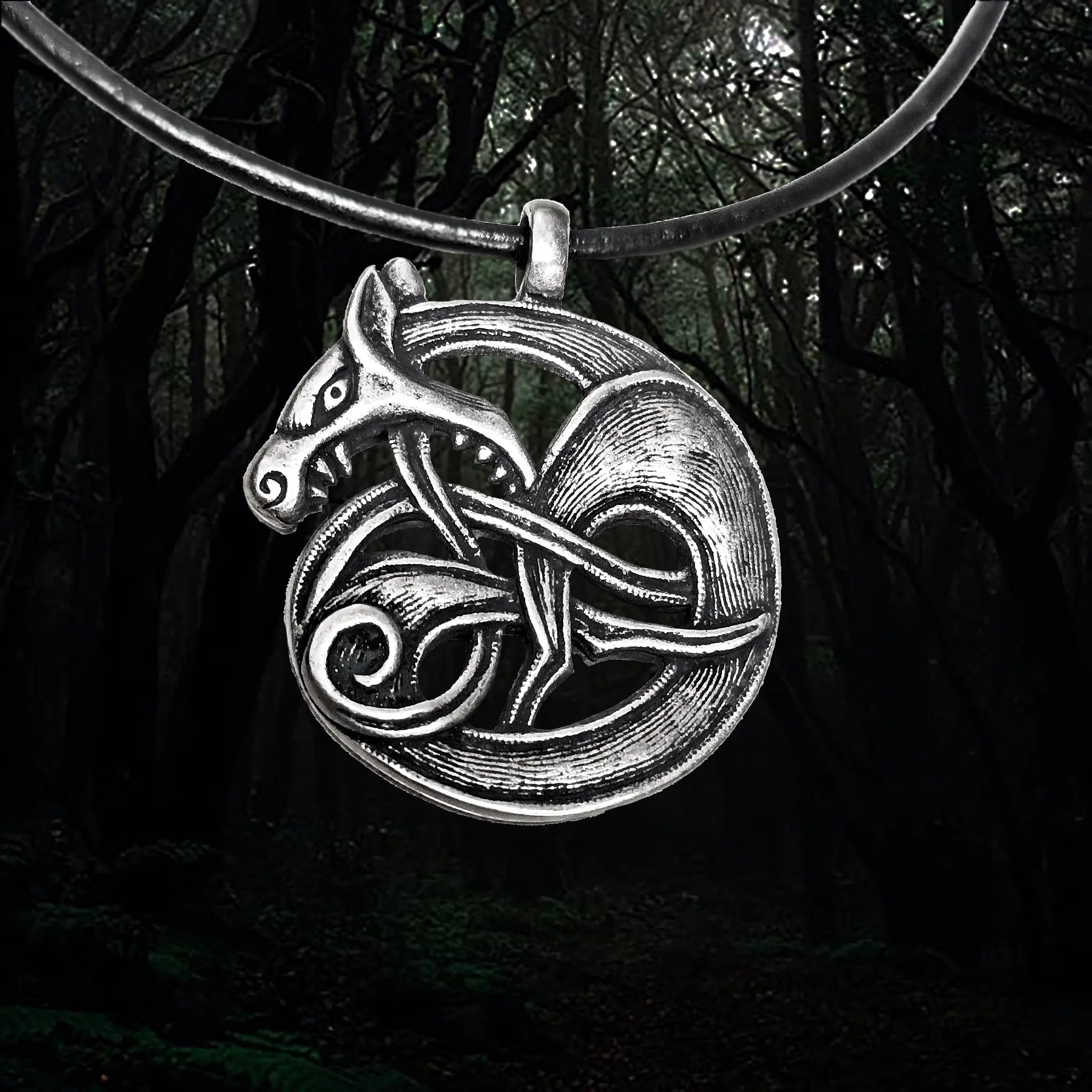 Large Silver Fenrir Viking Wolf Pendant