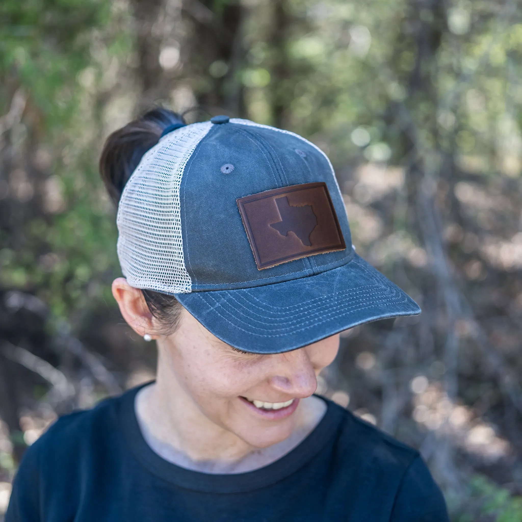 Leather Patch Ponytail Style Hat - Texas Stamp