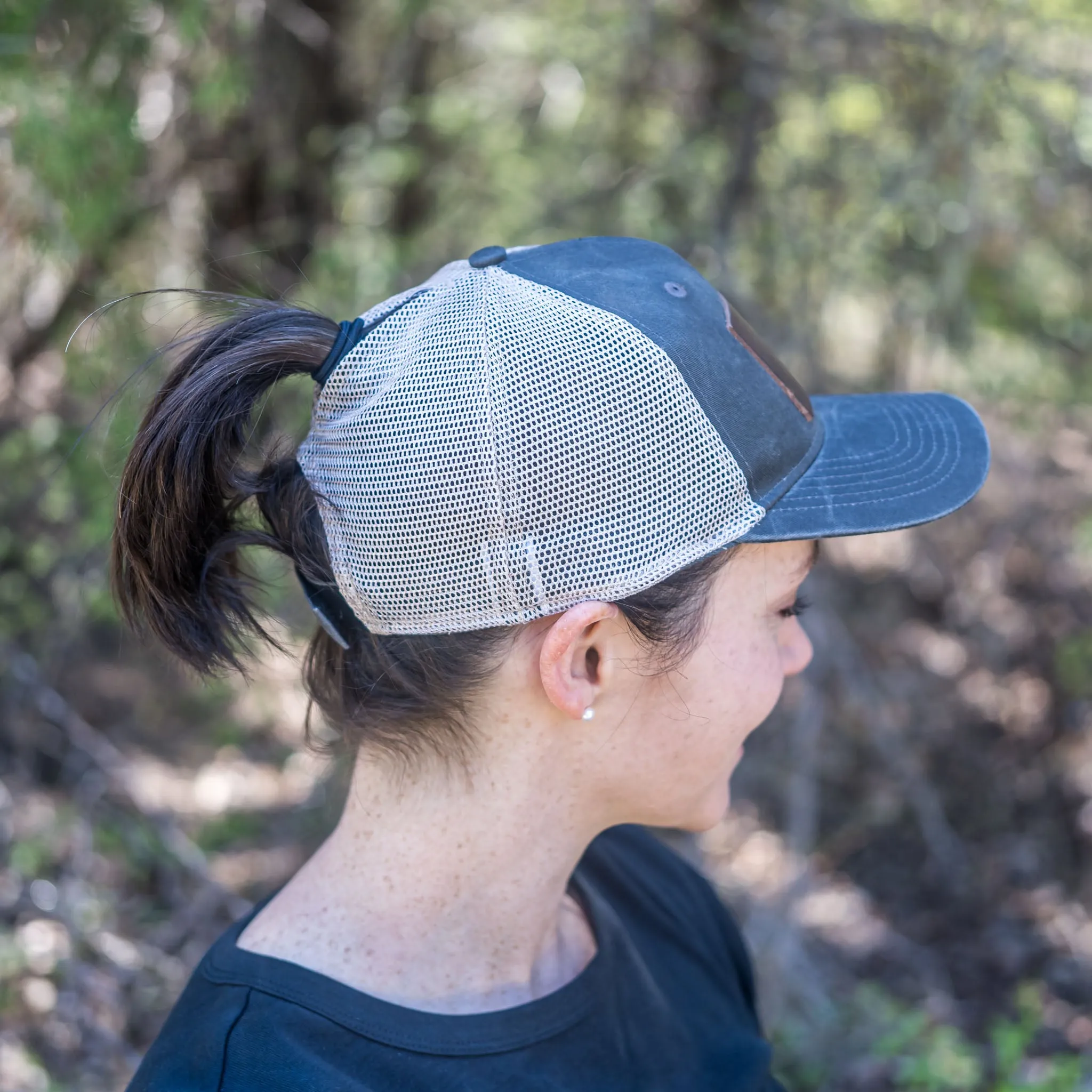 Leather Patch Ponytail Style Hat - Texas Stamp