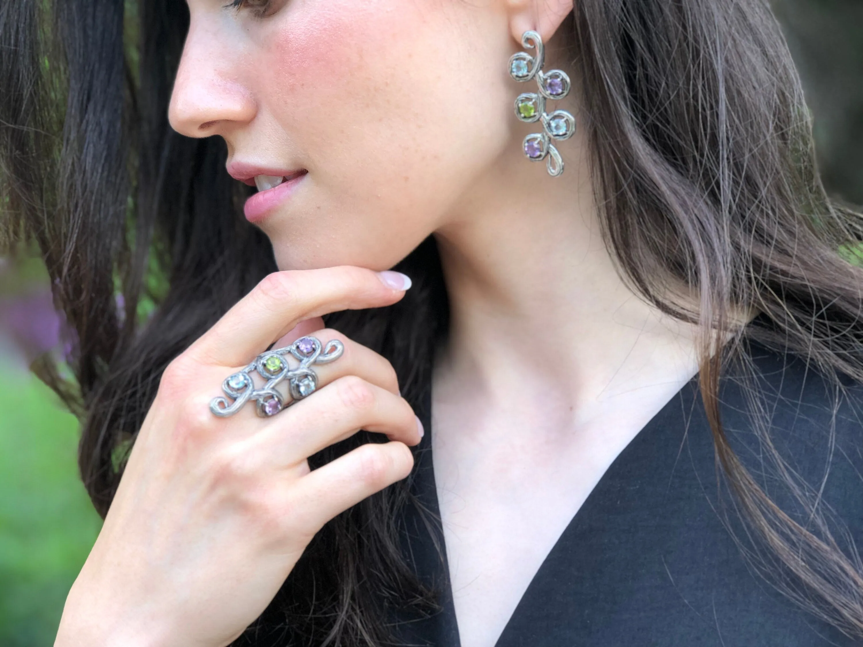 Long Leaf Ring - Colorful Multistone Ring - Vintage Statement Ring