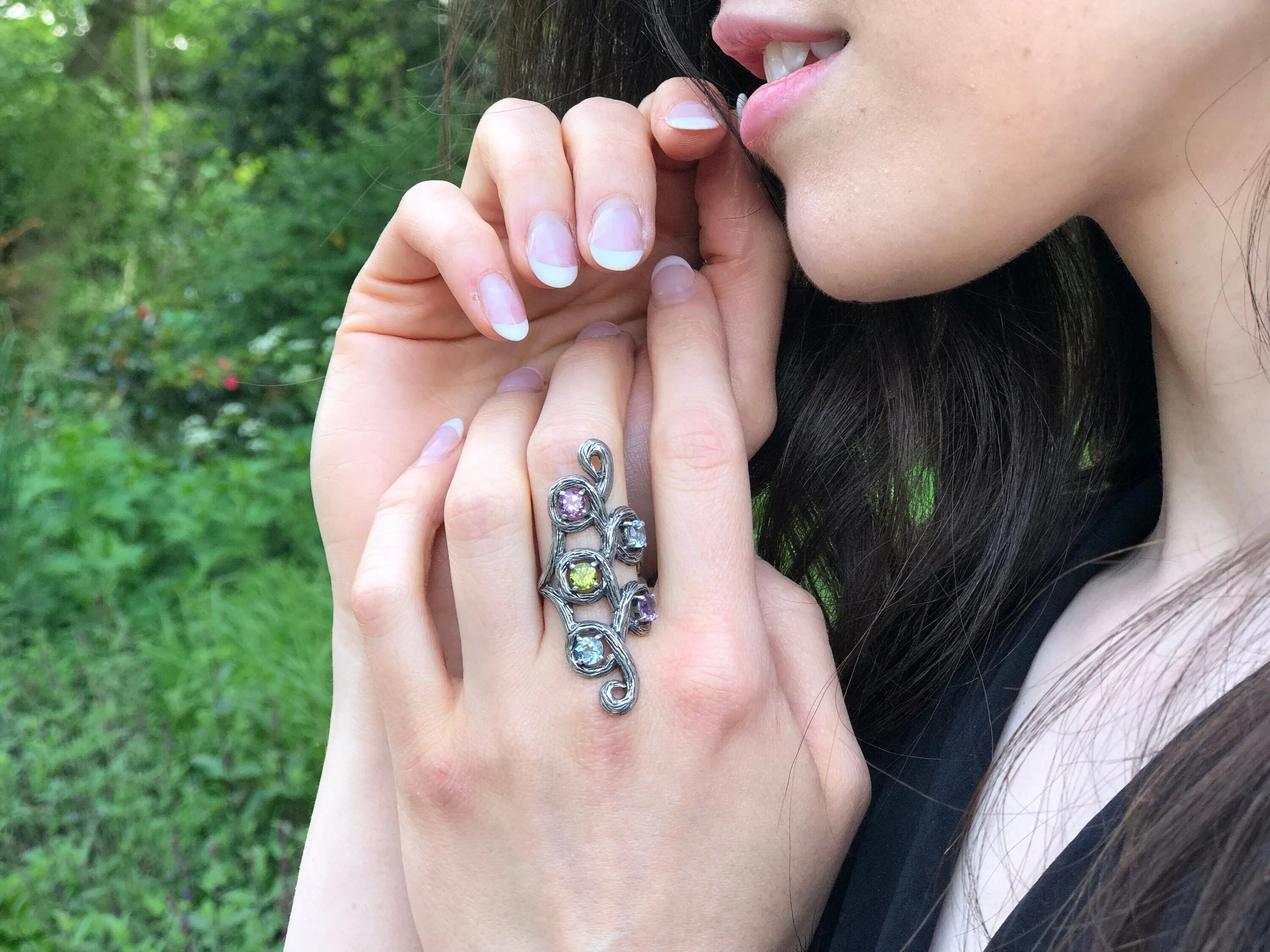 Long Leaf Ring - Colorful Multistone Ring - Vintage Statement Ring