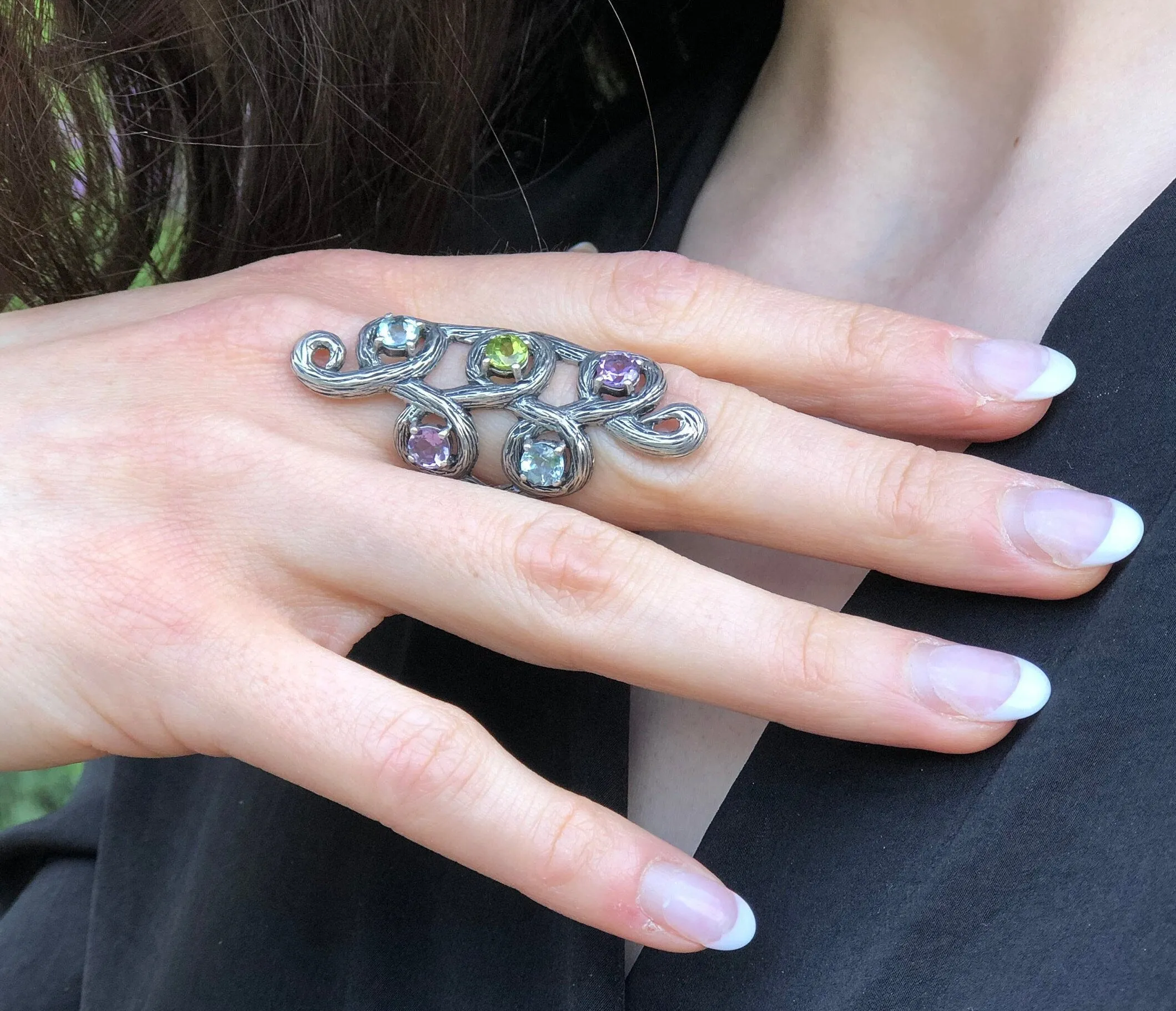 Long Leaf Ring - Colorful Multistone Ring - Vintage Statement Ring