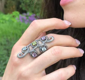 Long Leaf Ring - Colorful Multistone Ring - Vintage Statement Ring