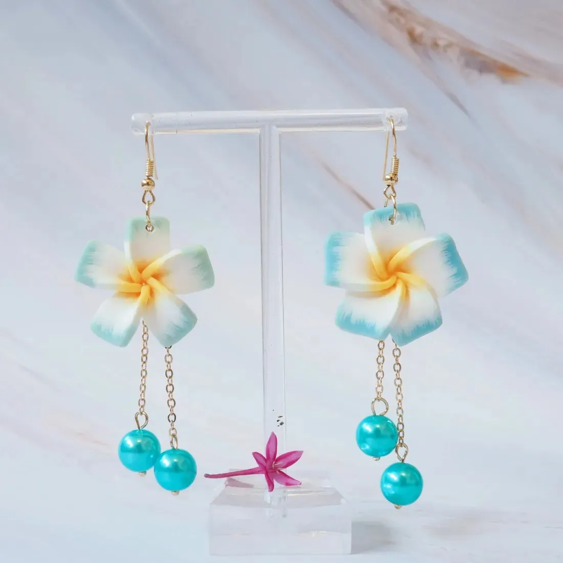 Lucky Plumeria Aqua Drop Earrings