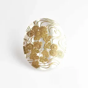 Maki-e Urushi Lacquer Brooch - White South Sea Pearl Shell / Chrysanthemum and Flowing Water -, Traditional Japanese Urushi Lacquer Jewelry